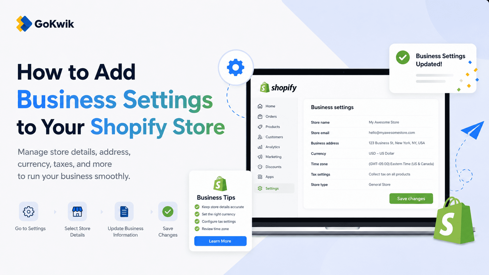 GoKwik guide on how to add business settings to a Shopify store