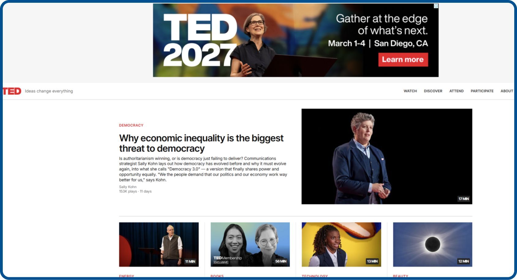 TED event website shares talks, speakers and schedules