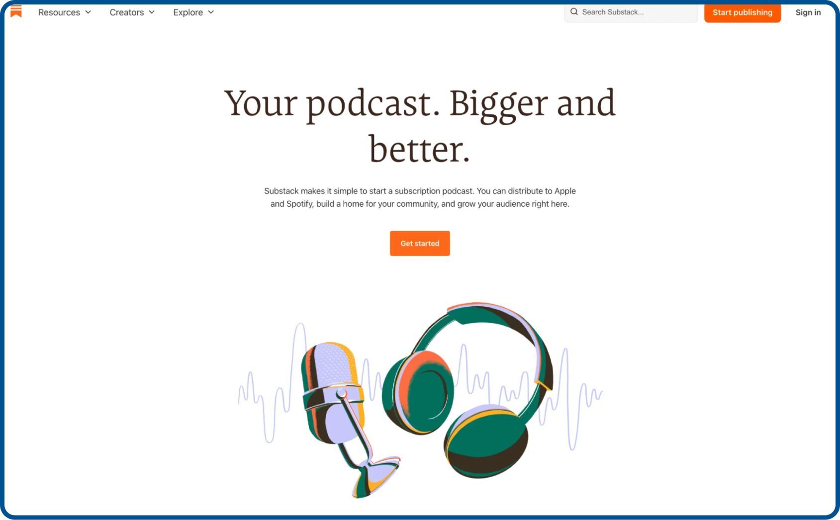 Substack landing page is focused on podcasts