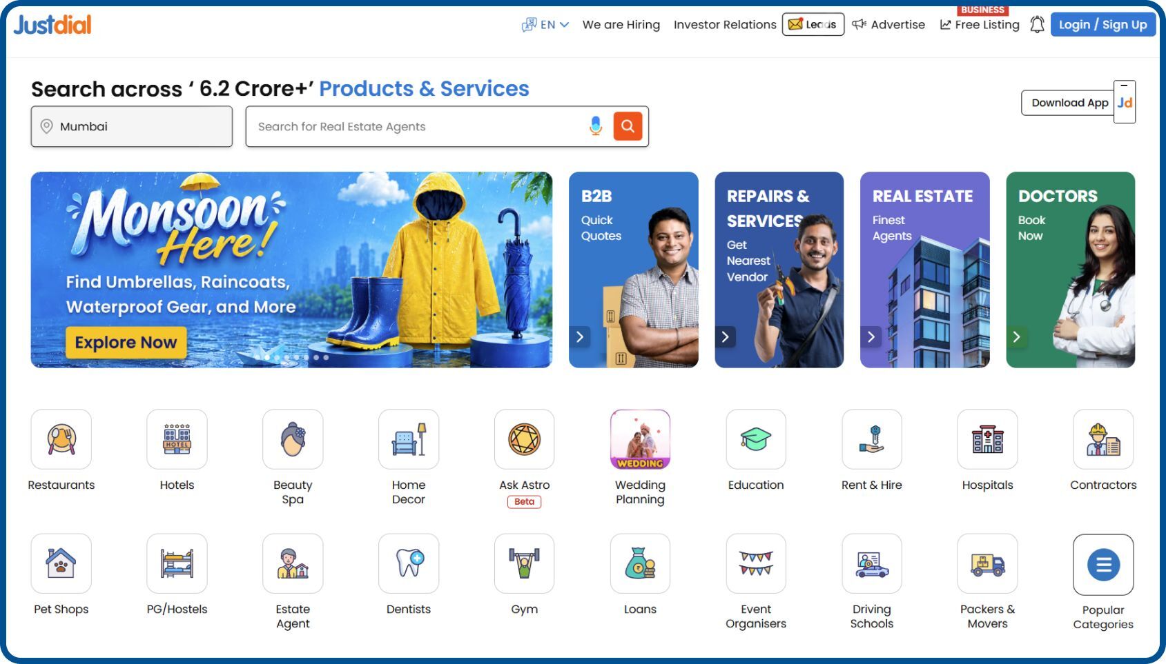 Justdial directory website lists local businesses and services