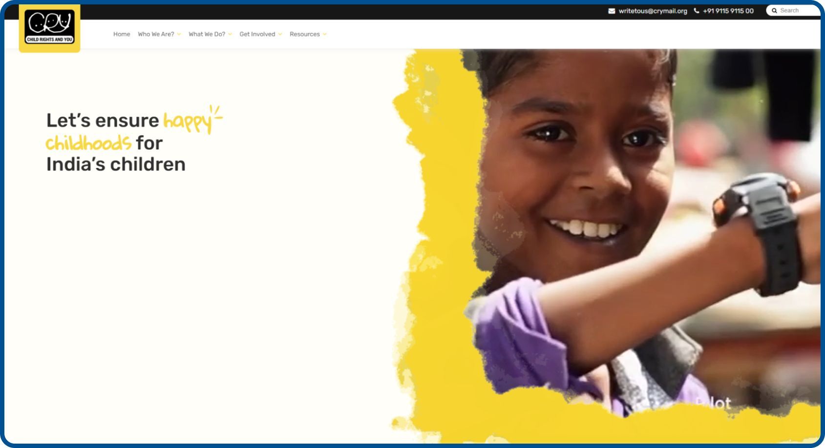 CRY nonprofit website explains child rights and donations