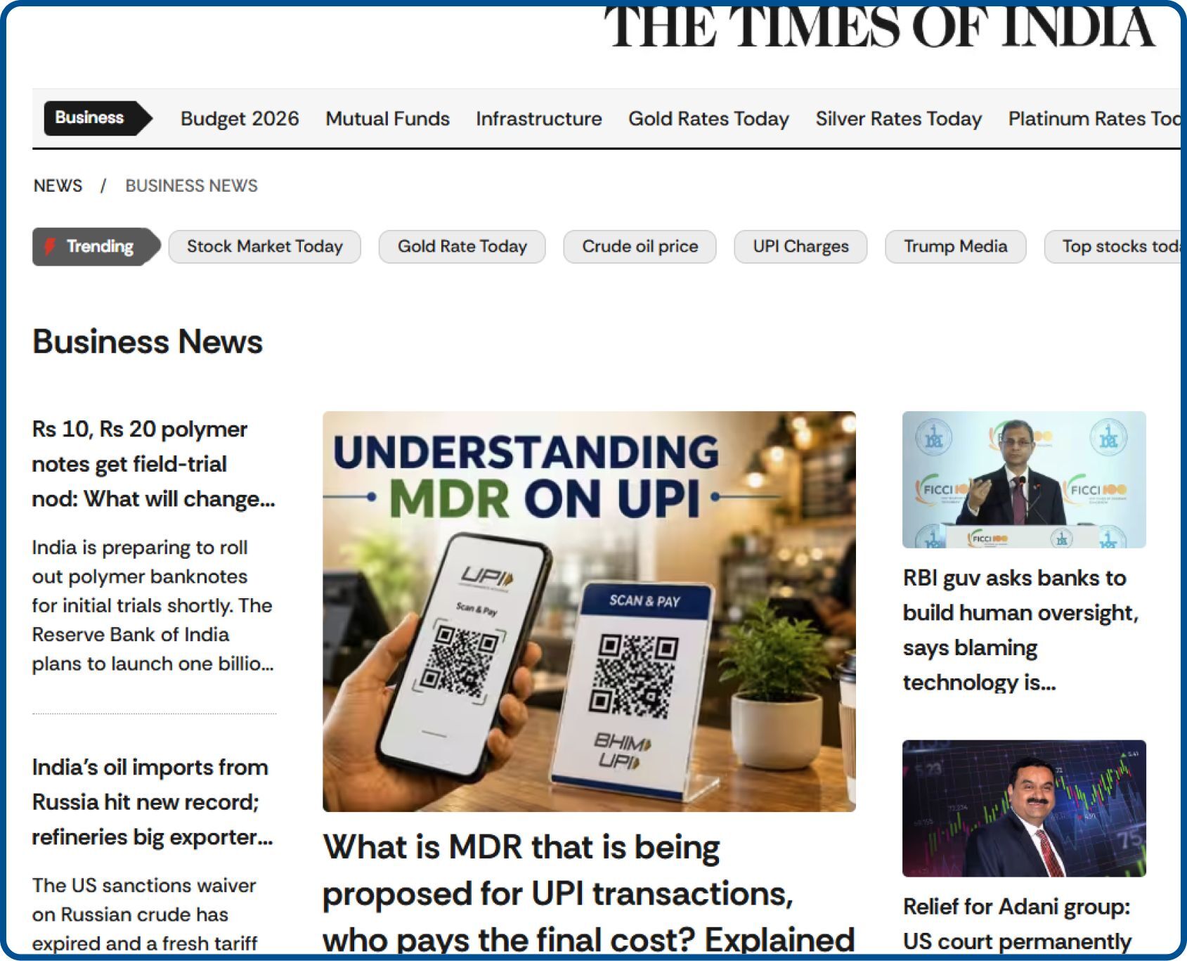 Times of India news website publishes daily editorial updates
