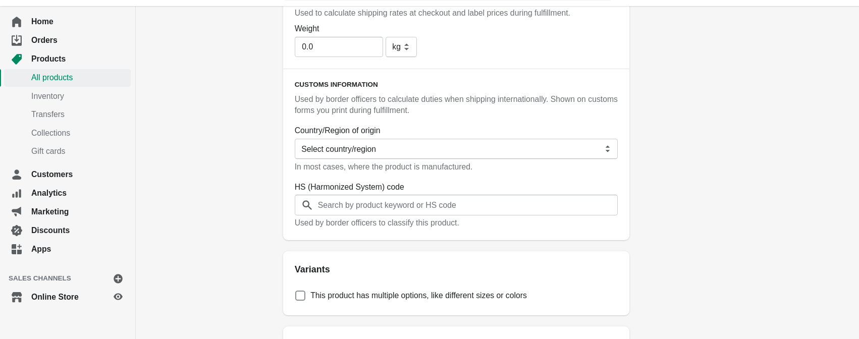 Shopify product customs information and HS code settings.