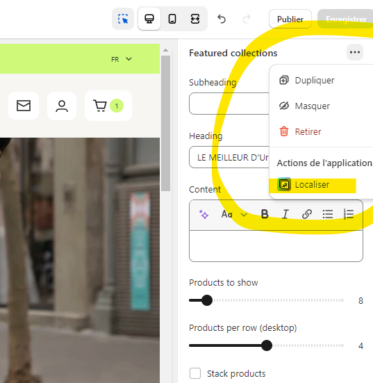 Shopify theme editor menu with duplicate, hide, delete, and localize options