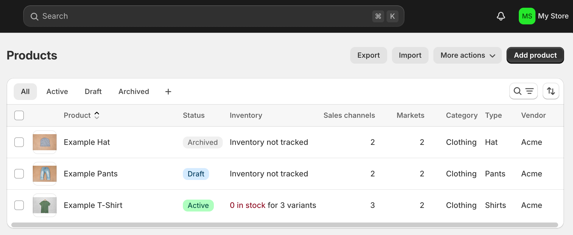 Shopify admin Products page listing
