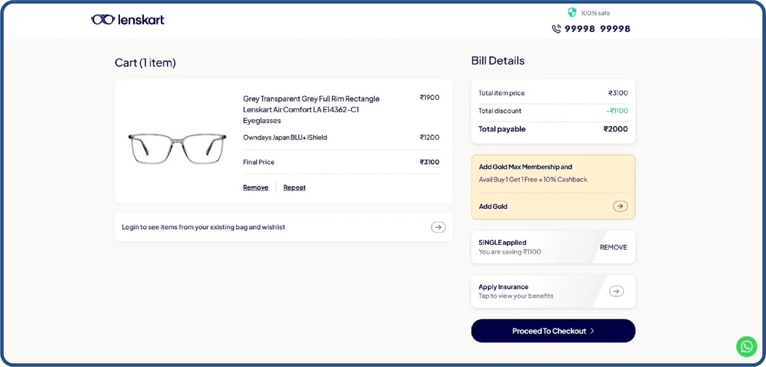 Lenkart&rsquo;s full-page ecommerce shopping cart with trust markers and offers 