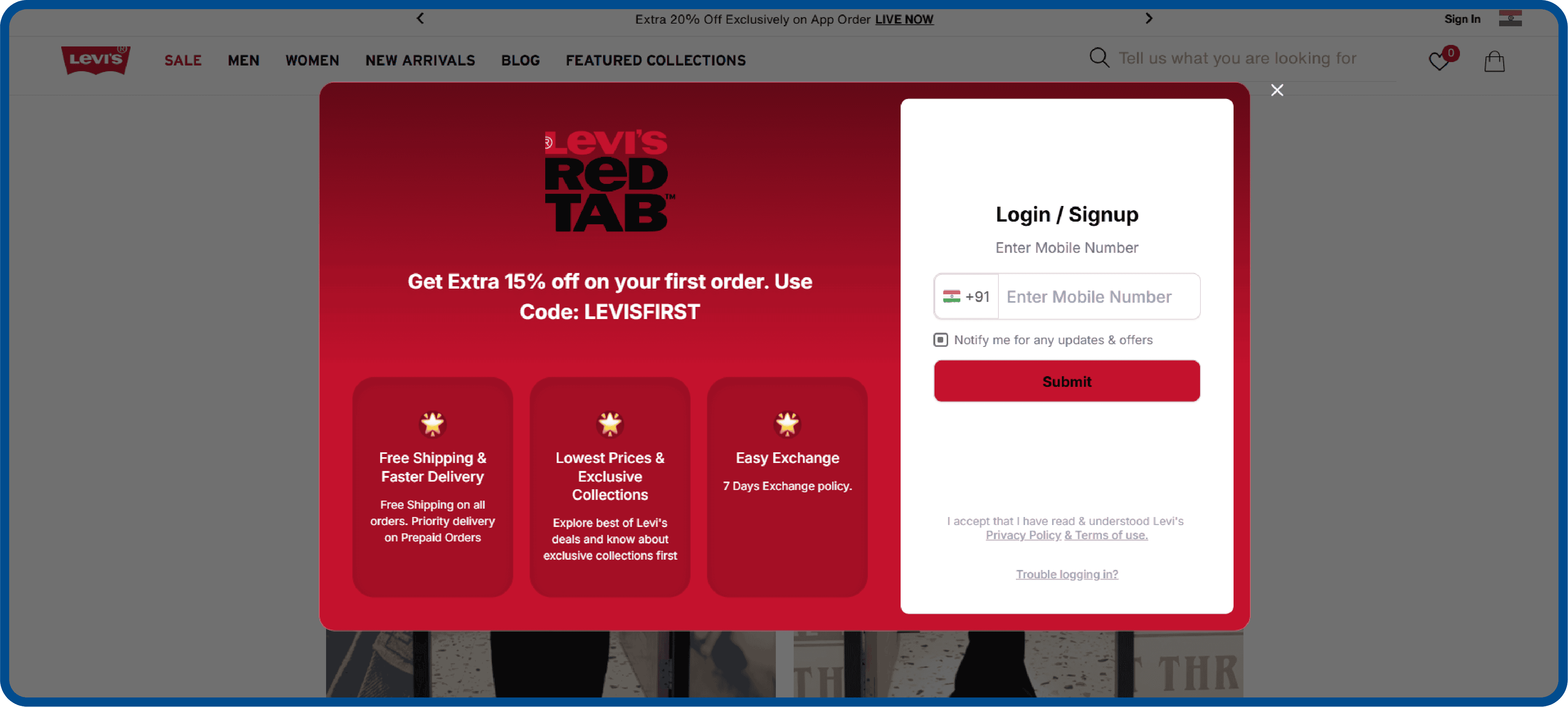 Levis first-order discount pop-up with trust signals for shipping, returns, and exclusives