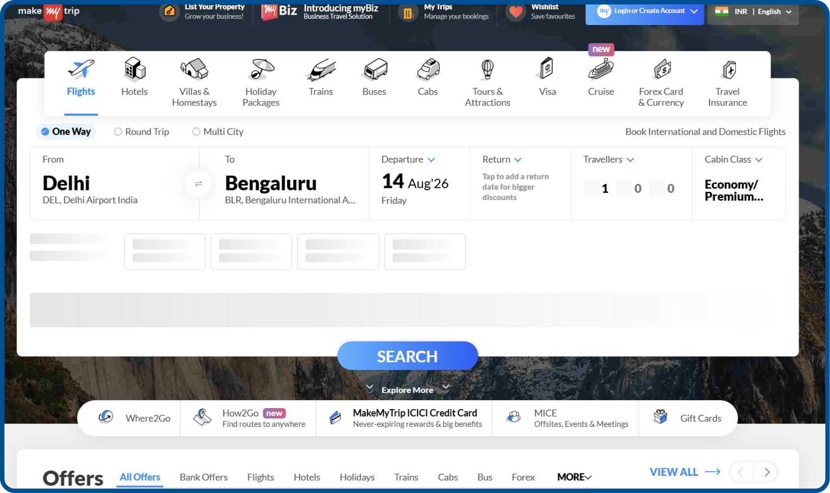 MakeMyTrip website showing travel booking options for consumers