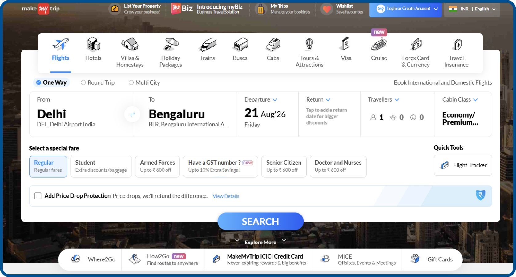 MakeMyTrip travel booking homepage with deals