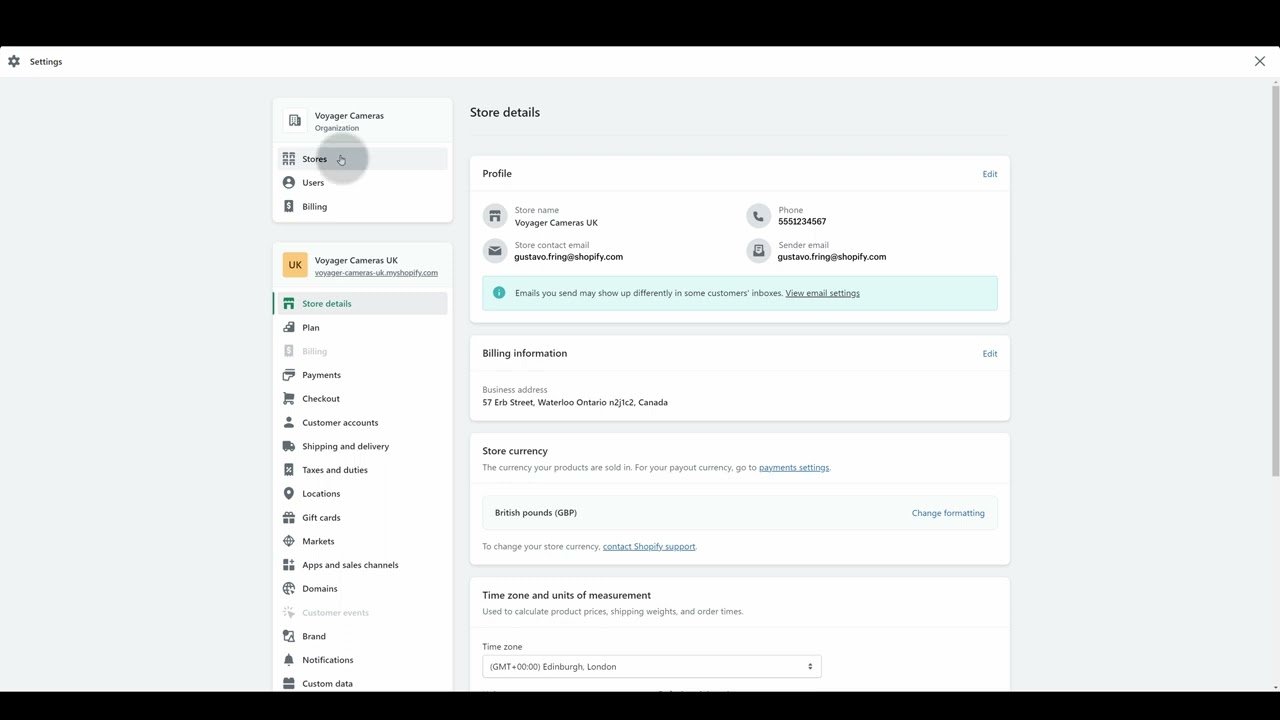 Shopify admin Settings page for Voyager Cameras UK