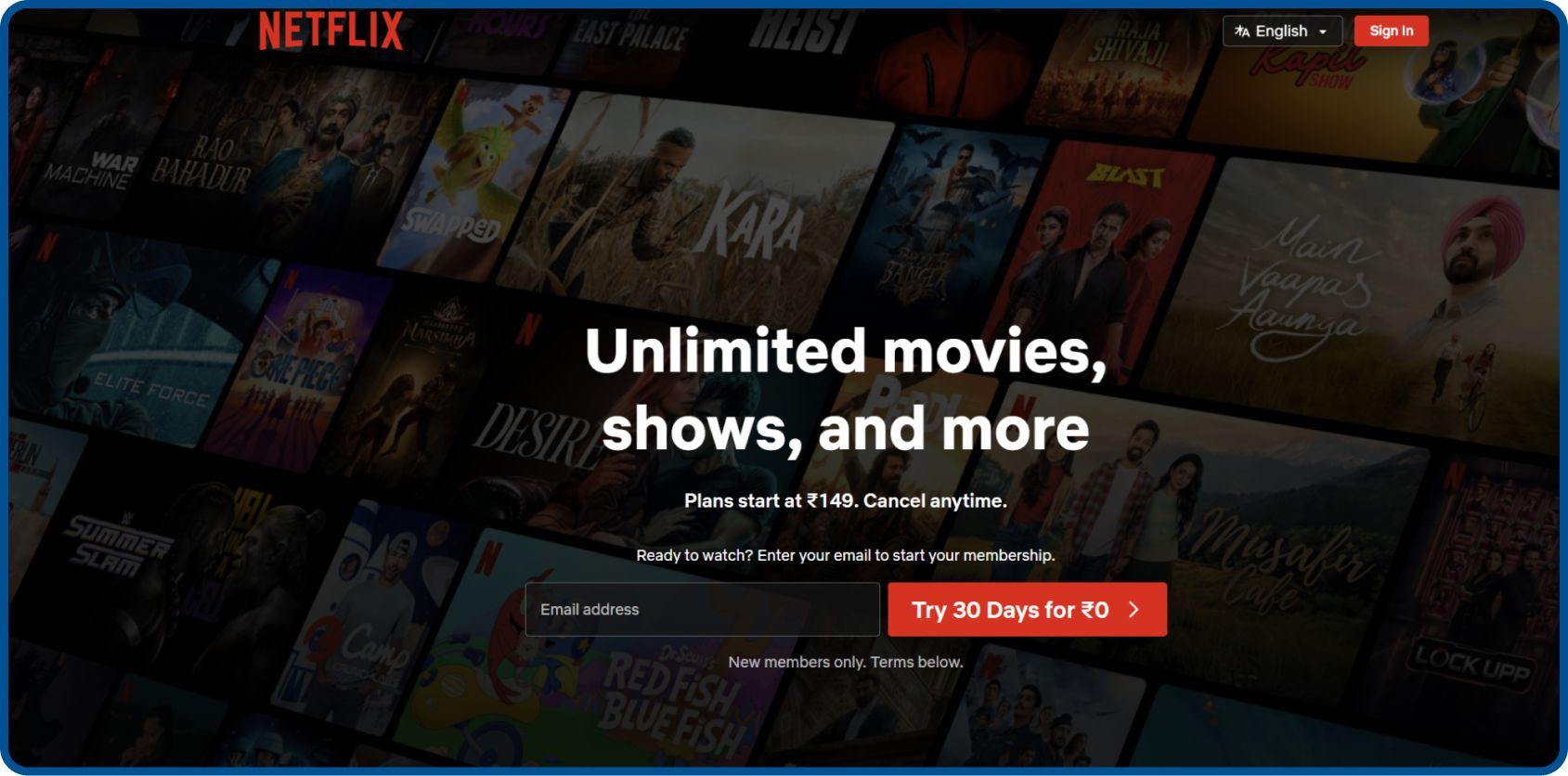 Netflix website showing subscription-based entertainment content choices