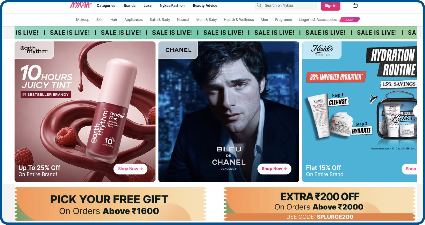 Nykaa website showing B2C beauty products