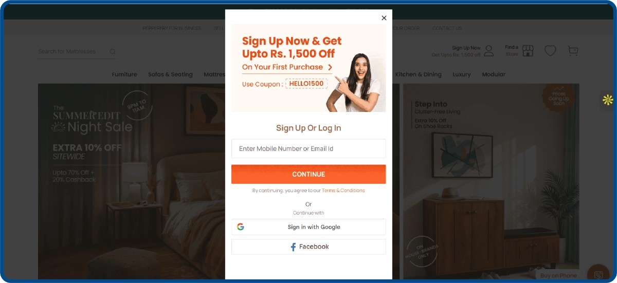 Pepperfry sign-up discount pop-up on a high-ticket furniture page, offering up to ₹1,500 off first purchase