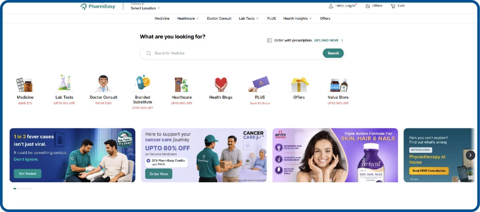 PharmEasy online pharmacy homepage for medicines