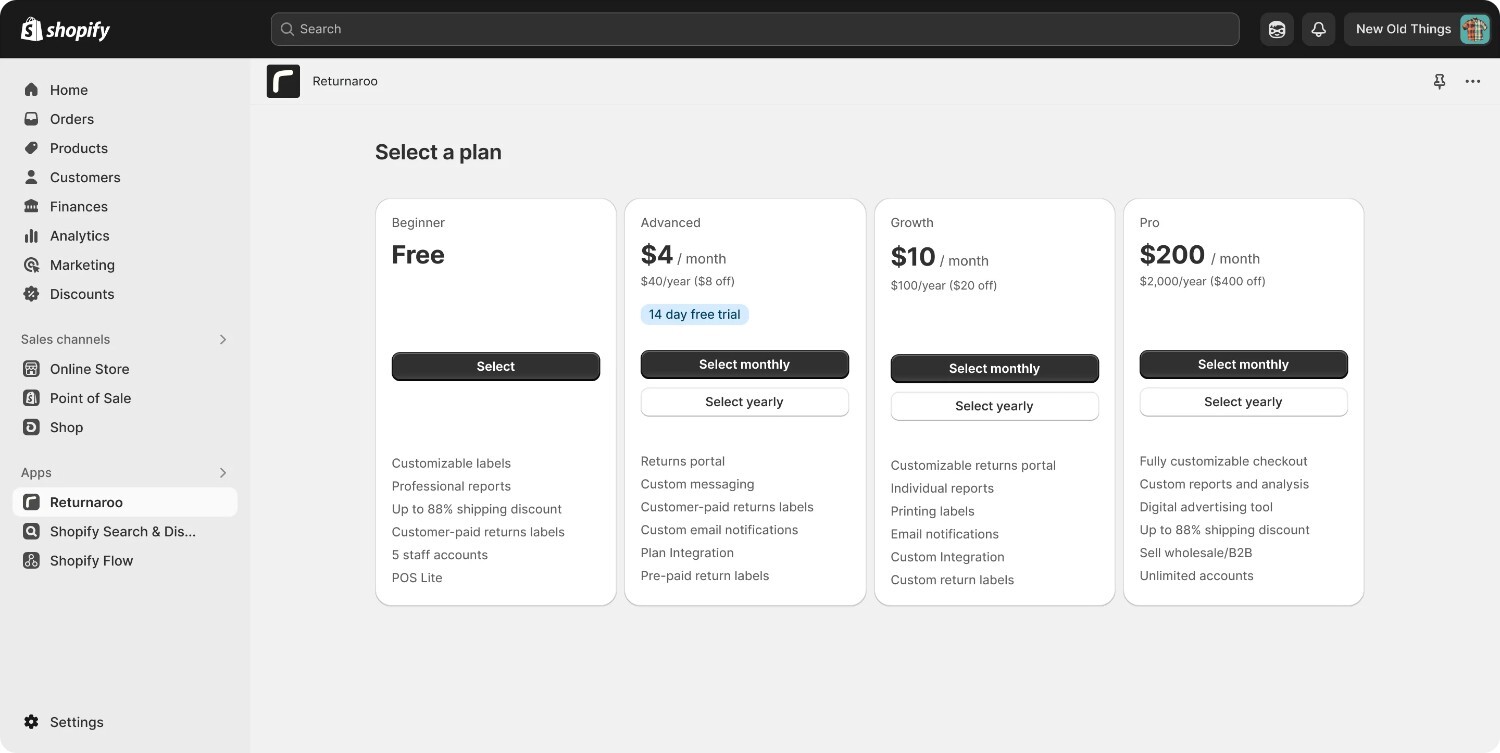 Returnaroo plan selection page on Shopify