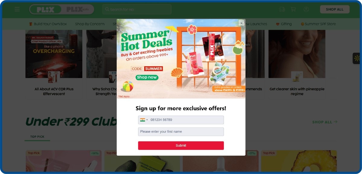 Plix Life campaign-anchored exit pop-up pairing a seasonal offer with phone number capture for WhatsApp recovery