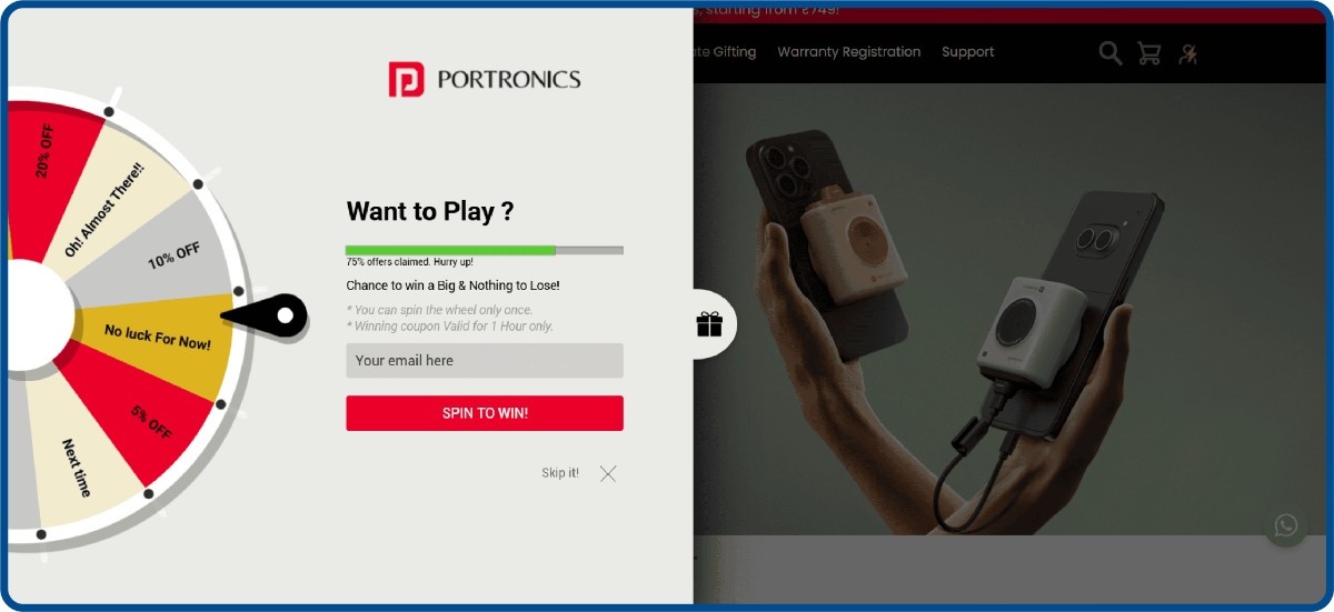 Portronics spin-to-win pop-up with progress bar showing 75% of offers claimed, urgency built into the mechanic itself
