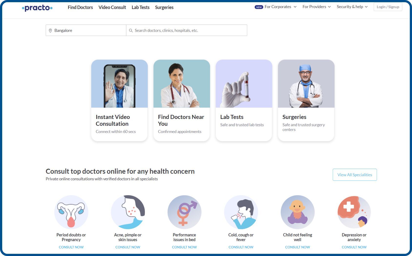 Practo website showing consumer healthcare booking options