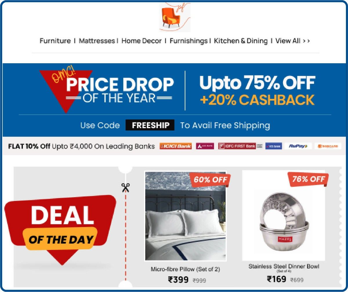 Price drop email example from Pepperfry