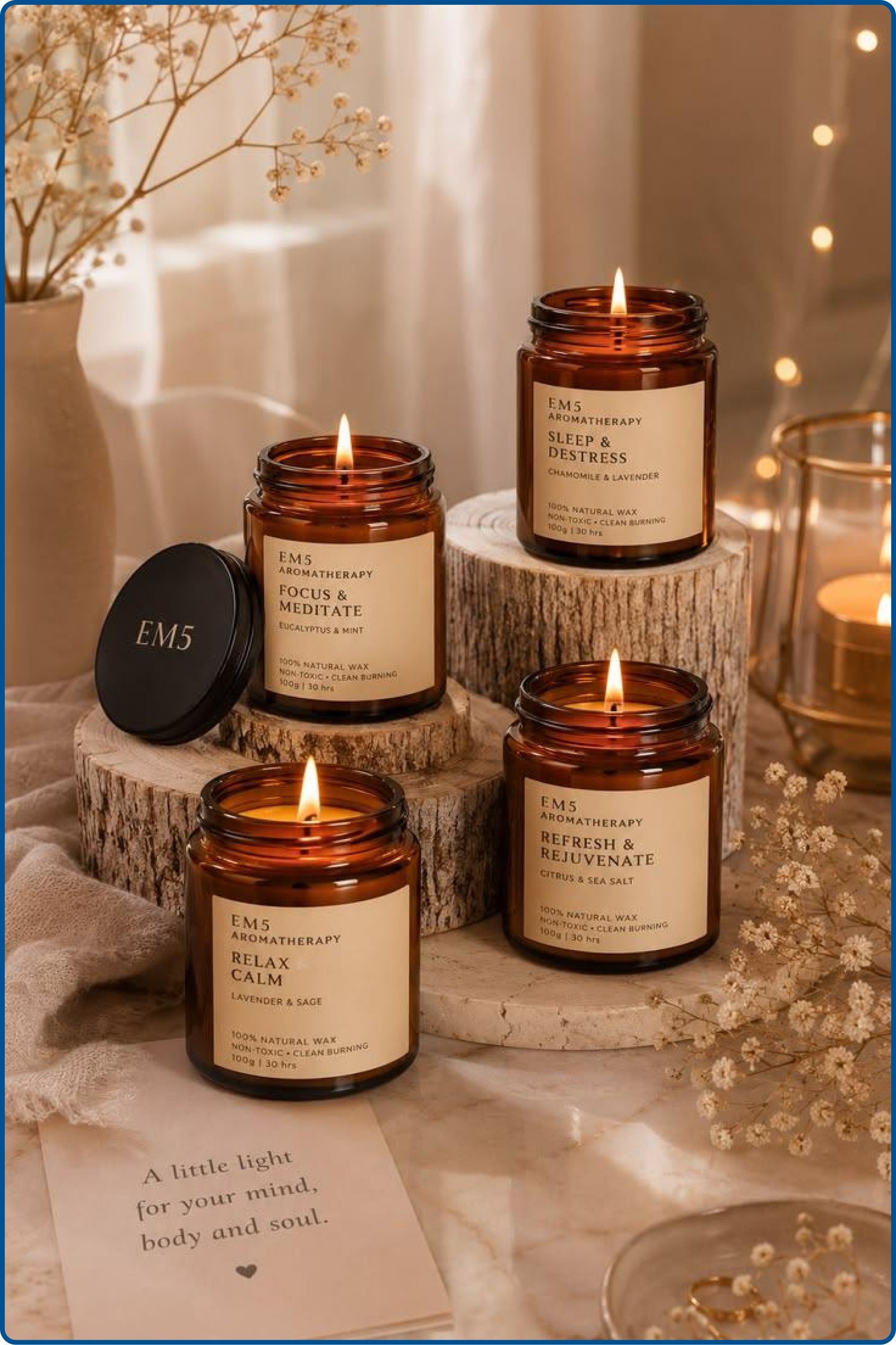 Scented candles with fragrance bottles and wax jars