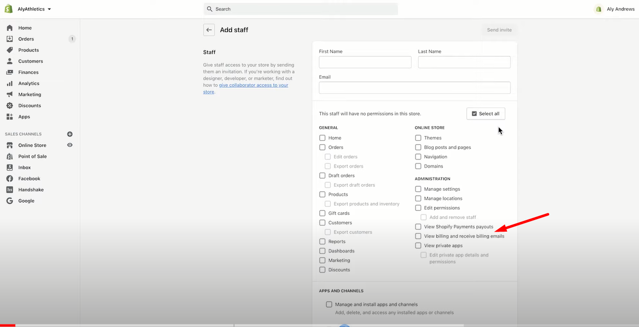 Shopify Add Staff permissions page