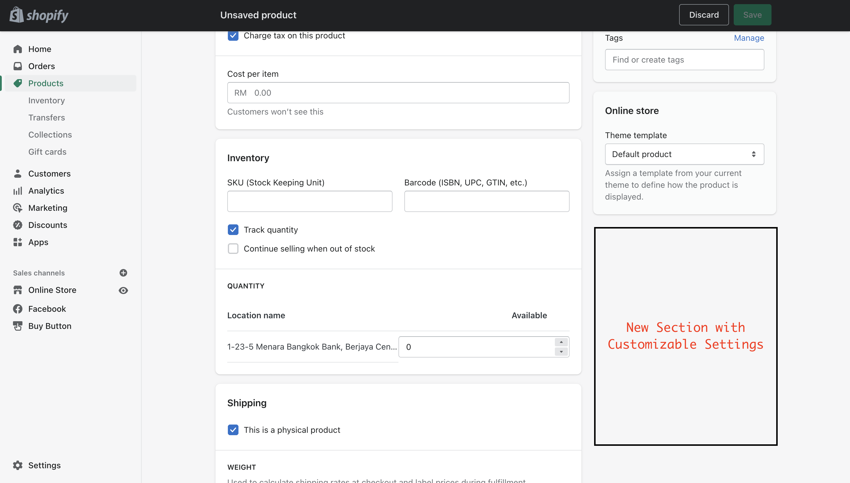 Shopify product page with inventory and shipping settings