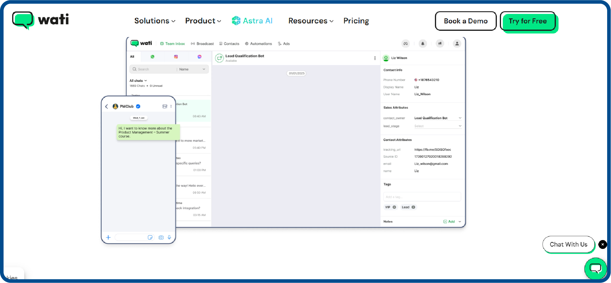 Screenshot from Wati website