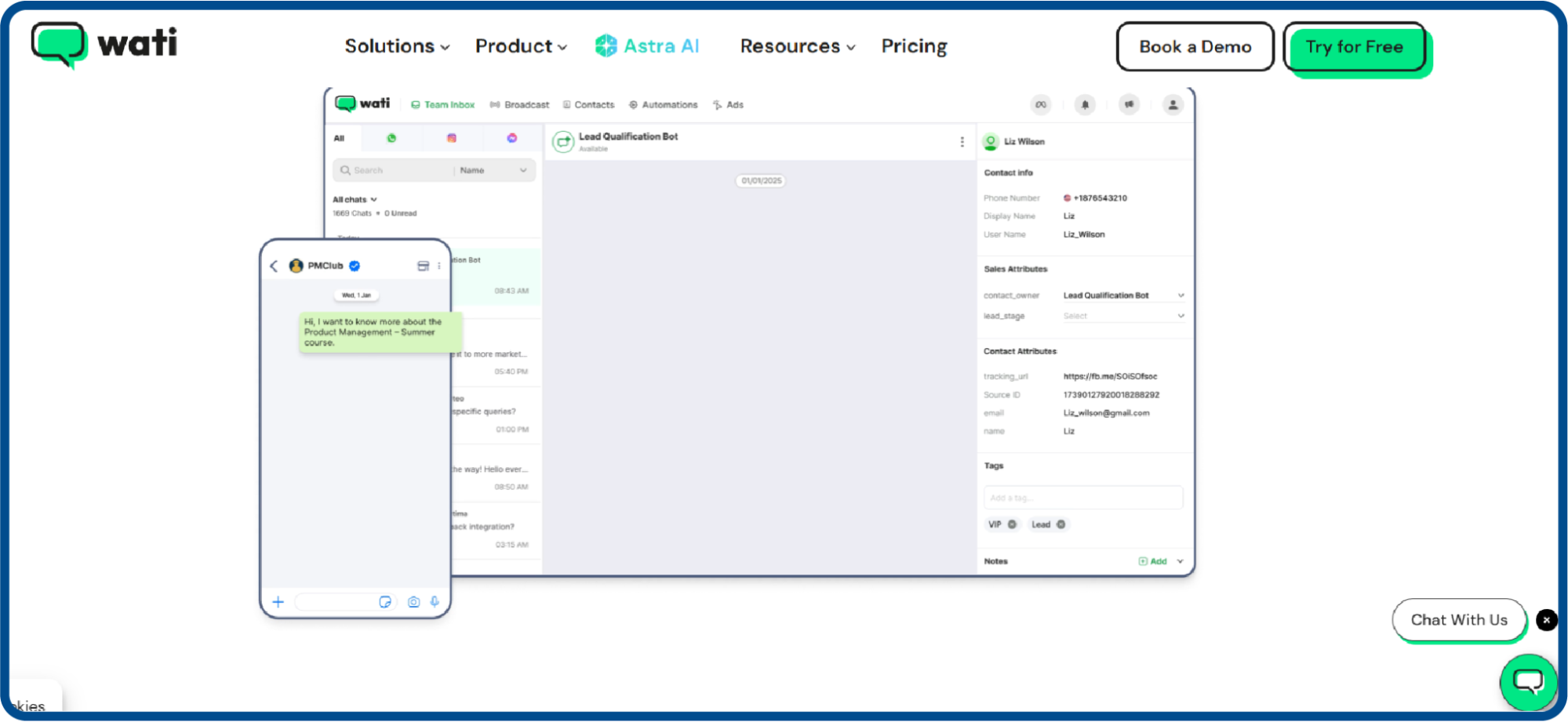 Screenshot from Wati website