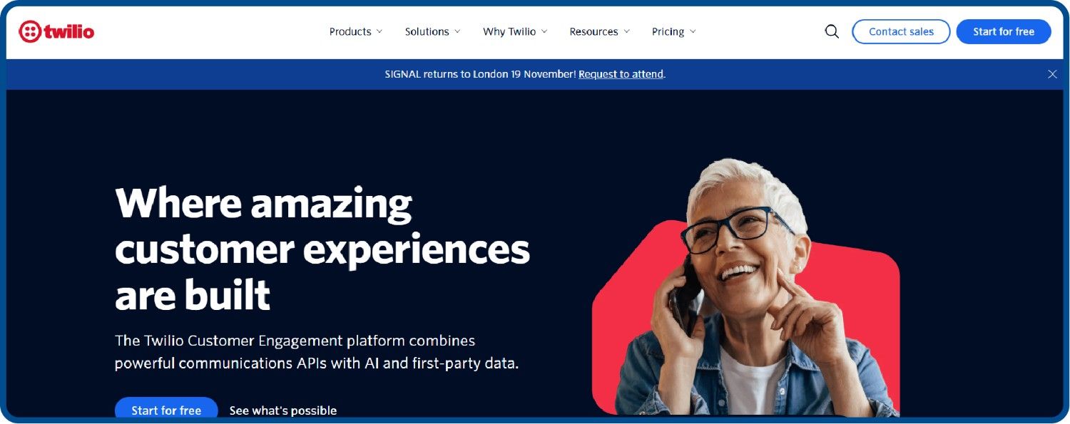 Homepage screenshot for Twilio platform