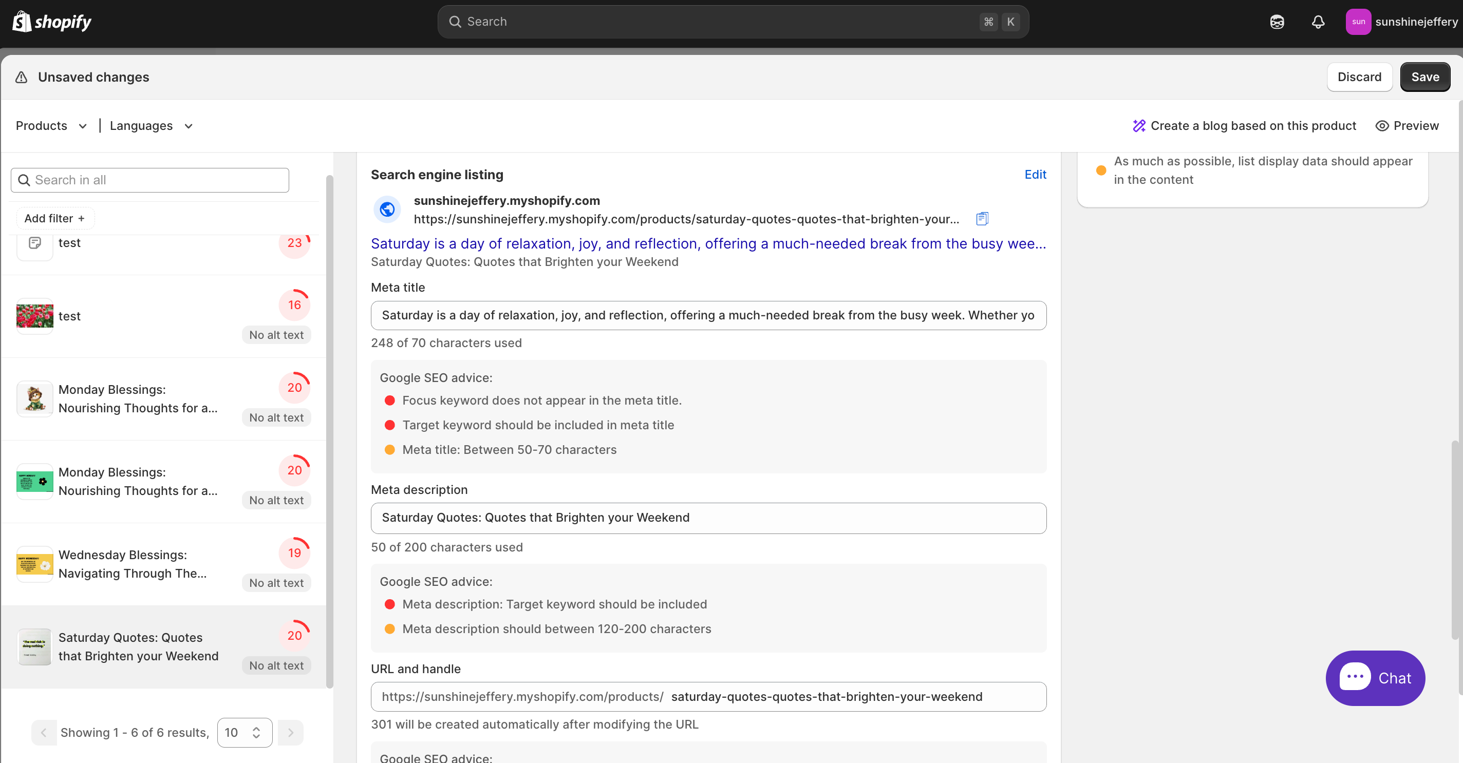 Shopify SEO settings with meta title and description