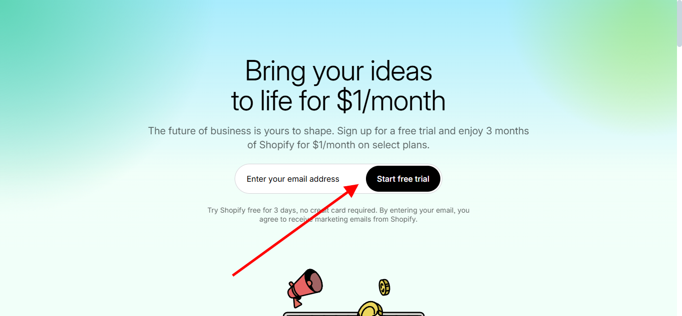Shopify homepage with email signup