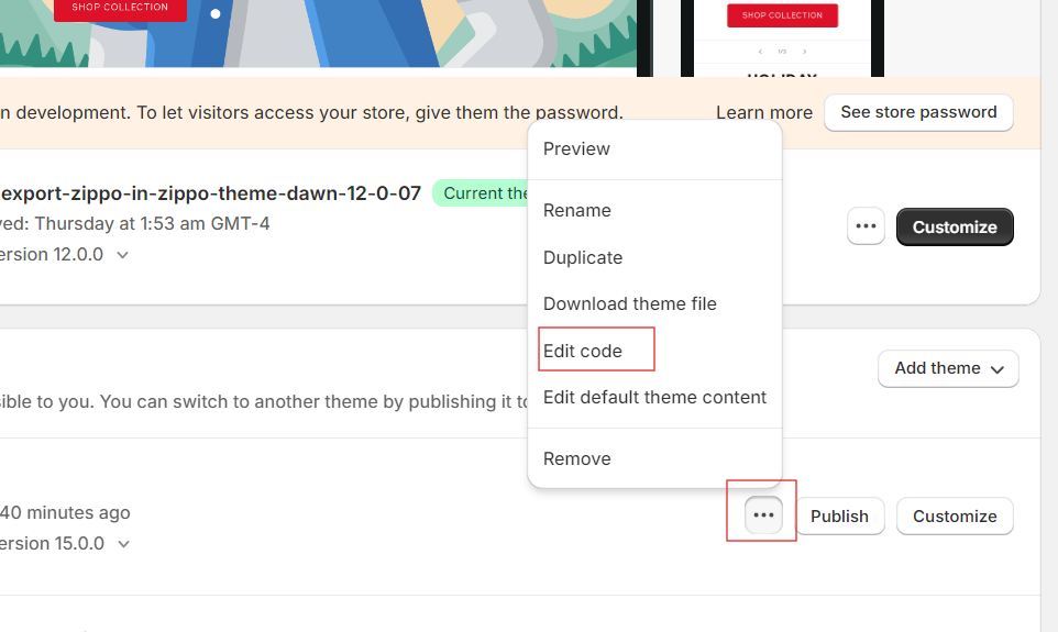 Shopify theme menu with edit code option highlighted