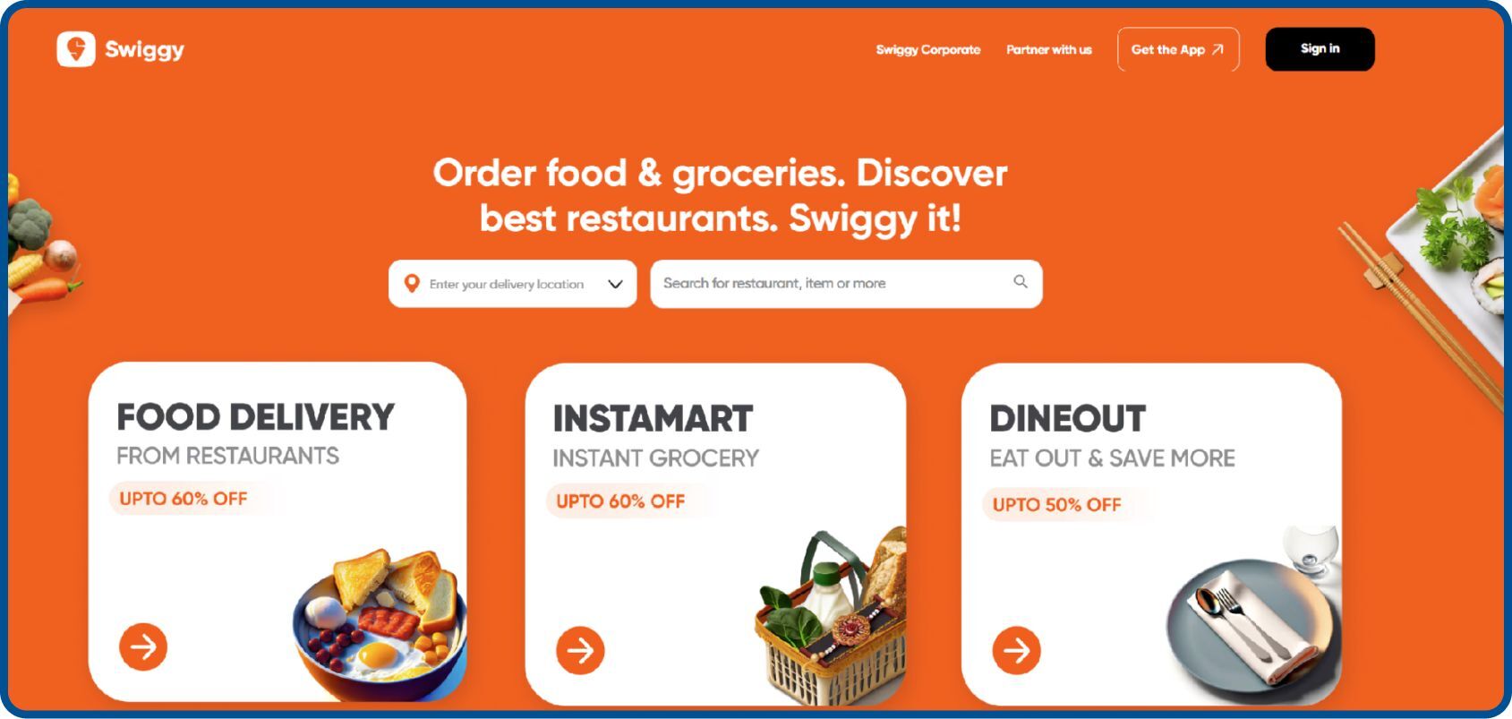 Swiggy app showing food ordering and delivery options