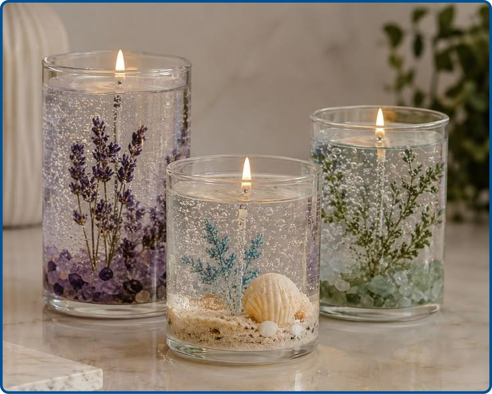 Transparent gel candles with decorative embedded designs