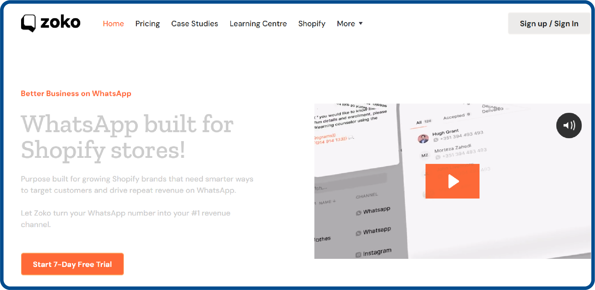 Website screenshot for Zoko WhatsApp sales management tool